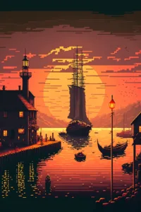 theitvhubcomeonin pixel art harbor by a small town at sunset 883c189f 011d 45e7 85e0 f292fefa4a8e